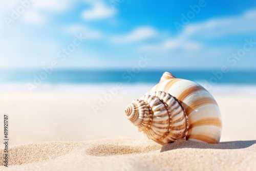 seascape with a shell sitting on the sand of the ocean coast view. tourism, beach vacation, ecology