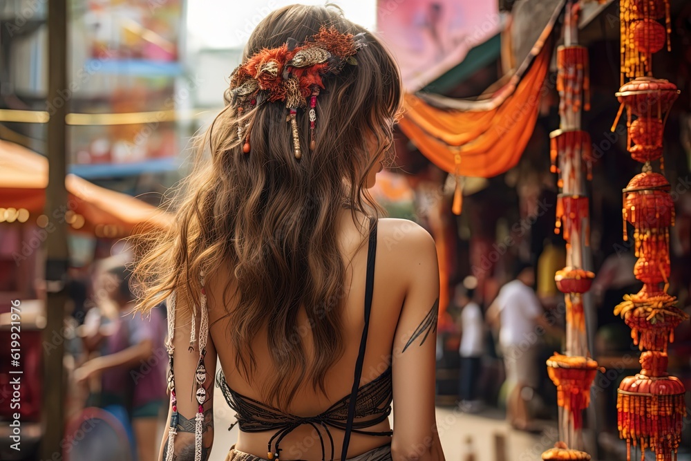 Φωτογραφία pretty young woman wearing boho style outfit walking in market street, Generativ