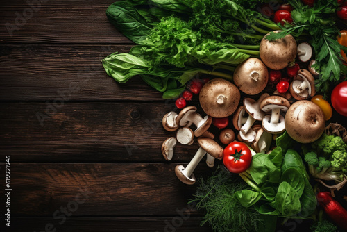 fresh vegetables, including mushrooms and tomatoes, on a dark background. healthy eating