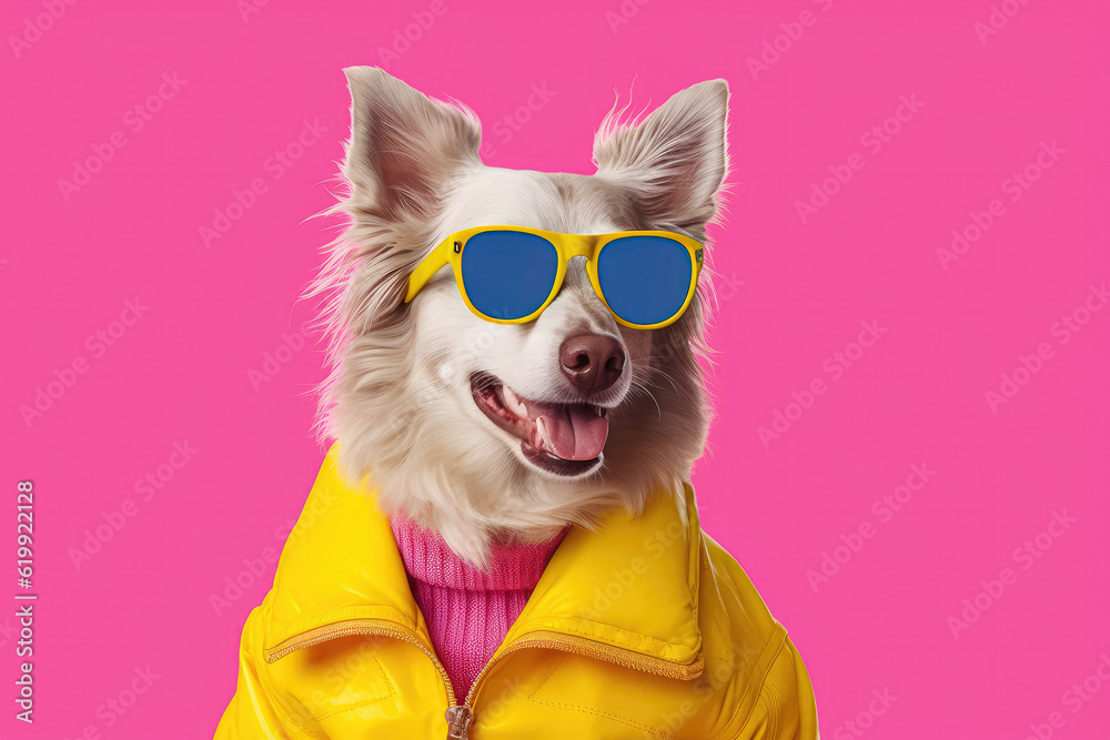 Stylish dog donning a funky fashion dress, including a bright yellow jacket, vest, and sunglasses. Generative Ai, Ai.