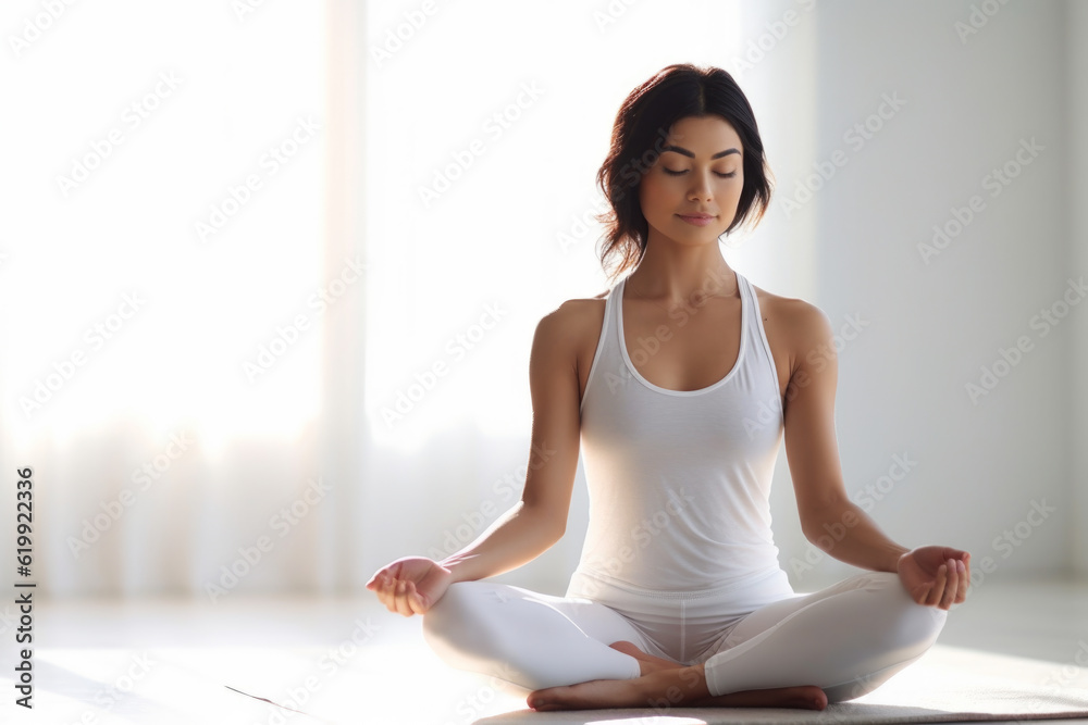 beautiful woman in yoga clothes sitting in meditation in white room. She is breathing slowly and deeply, listening to her body and thoughts