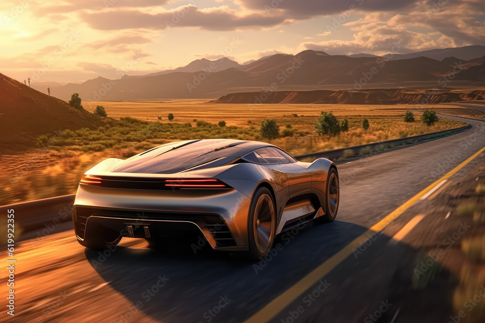 Journey into the future with a modern and sleek car driving along a street immersed in natural surroundings. Generative Ai, Ai.