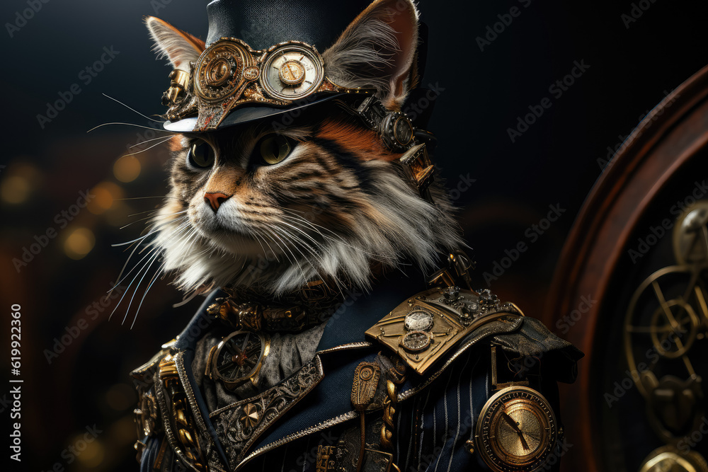 Fototapeta premium Immerse yourself in the steampunk aesthetic as a cat comes to life, rendered with exquisite detail using octane render. Generative Ai.