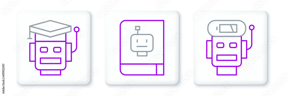 Set line Robot low battery charge, and User manual icon. Vector Set line Robot low battery charge, and User manual icon. Vector