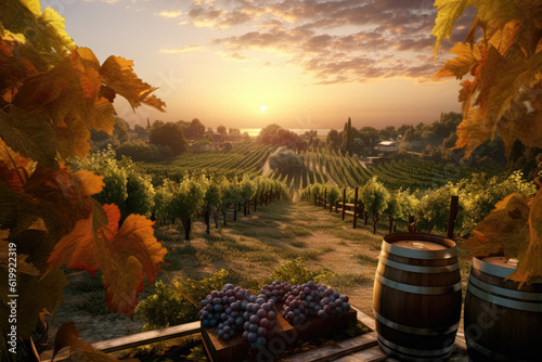Witness the beauty of a vineyard at sunset, with barrels, grapes, wine bottles, and glasses adorning the scene. Generative Ai, Ai.