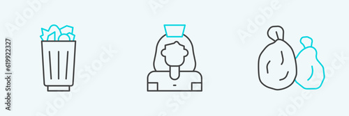 Set line Garbage bag, Full trash can and Cleaning lady service icon. Vector