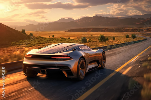 Journey into the future with a modern and sleek car driving along a street immersed in natural surroundings. Generative Ai, Ai.