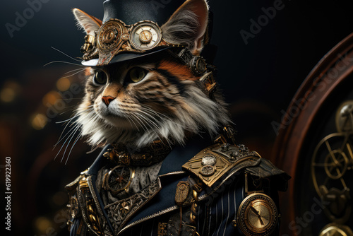 Immerse yourself in the steampunk aesthetic as a cat comes to life, rendered with exquisite detail using octane render. Generative Ai.