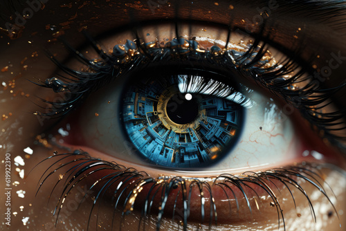 Futuristic eyes of woman with chip or computer settings. Concept of futuristic technology. Generative Ai.