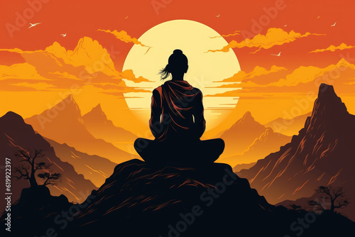 woman in a lotus pose during meditation against the background of mountains and the sun. Her hands rest on her knees in Gyan Mudra gesture