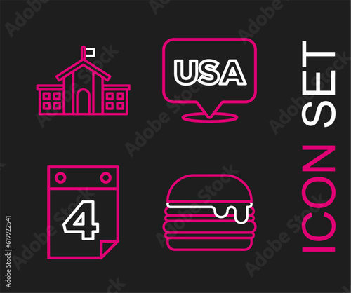 Set line Burger, Calendar with date July 4, USA Independence day and United States Capitol Congress icon. Vector