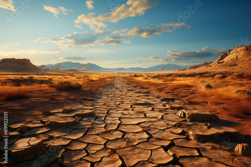 A powerful image captures a barren landscape, its dry cracked soil telling a tale of resilience and endurance. Generative Ai.