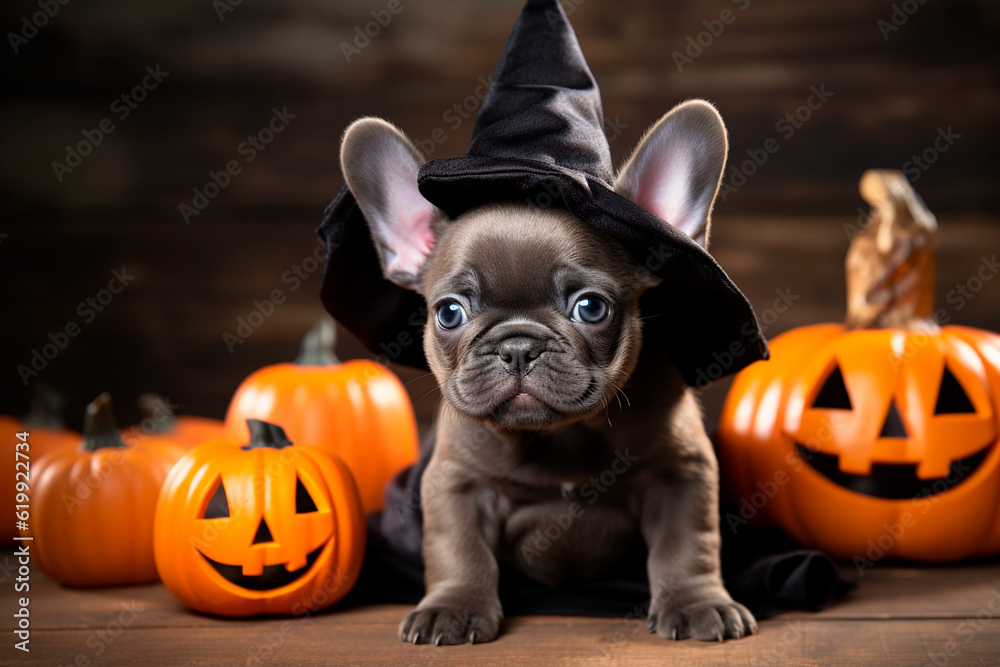  Cute  puppy wearing a Halloween witch hat. Generative AI