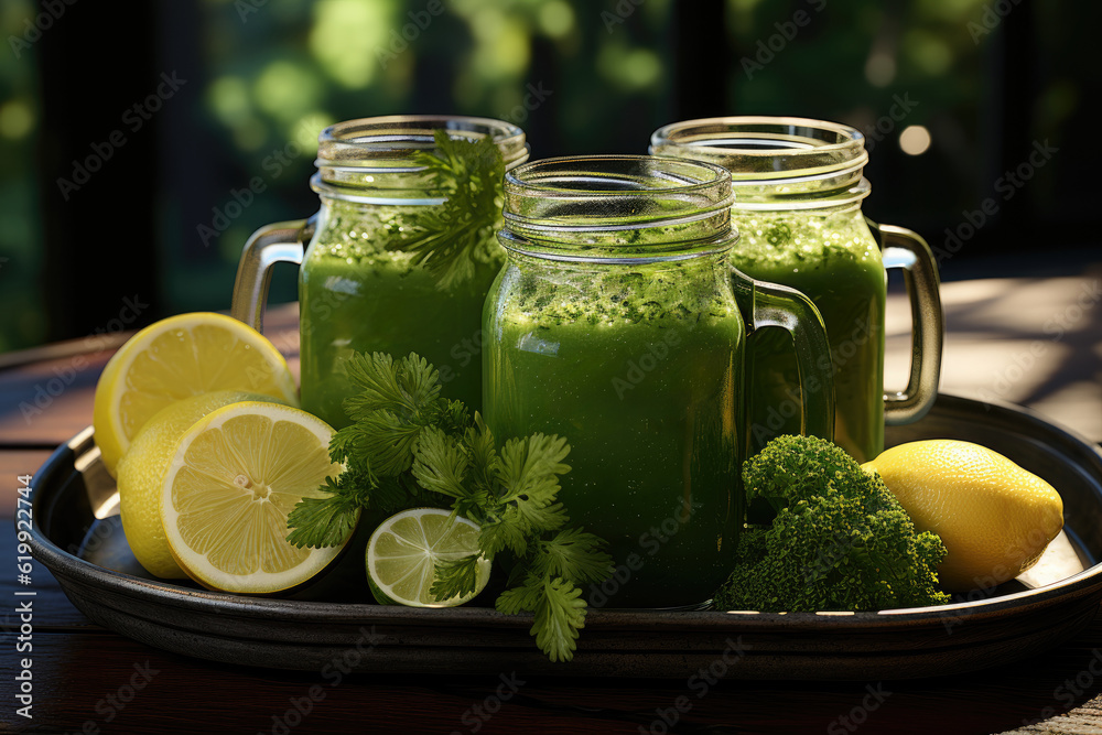 Vibrant image of green smoothies in jars on a table, showcasing a healthy and refreshing beverage option. Generative Ai. Vibrant image of green smoothies in jars on a table, showcasing a healthy and refreshing beverage option. Generative Ai.