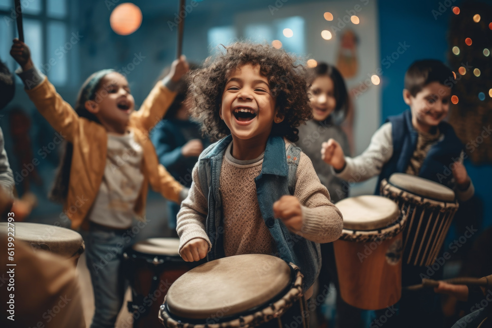 little kids playing drums in a room. are focused on the music and