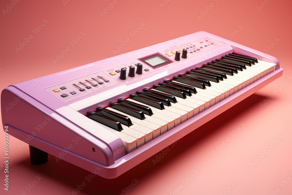 Isolated image of a musical keyboard on a pink background, highlighting the instrument's aesthetics and musicality. Generative Ai. Isolated image of a musical keyboard on a pink background, highlighting the instrument's aesthetics and musicality. Generative Ai.