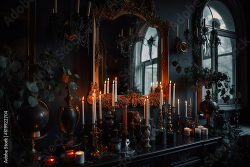 A table topped with candles and a mirror. AI generative. Elegant dining room in Gothic or vampire mansion.