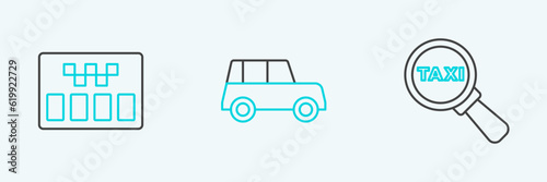 Set line Magnifying glass and taxi car, Taximeter and Car icon. Vector
