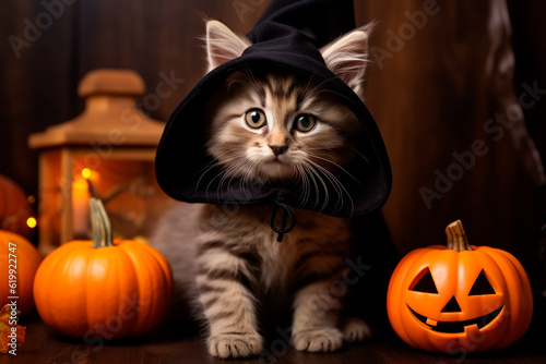  Cute kitten in a Halloween costume. The kitten is sitting surrounded by a Halloween setting. Generative AI © KEA