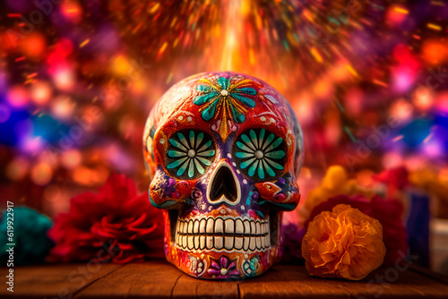 Day of the dead traditional skull on fireworks background,  Generative AI