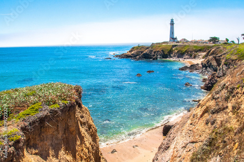 Pigeon Point Lighthouse Along California Coast and Cliffs With Blue Ocean Waters