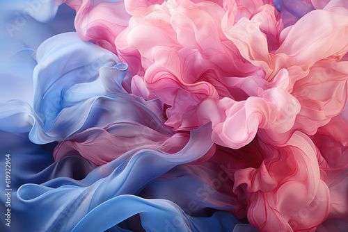 Abstract painting in blue and pink tones, displayed on a pink background, creating a visually striking and contemporary artwork. Generative Ai.