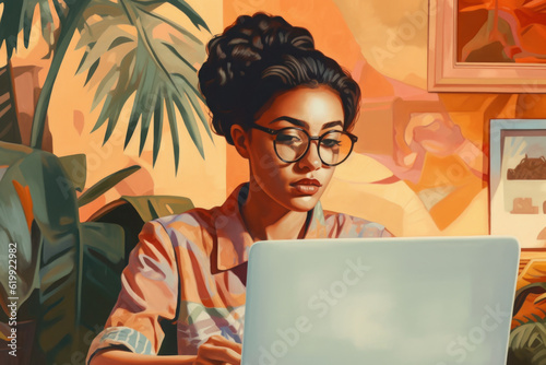 woman in glasses working on her laptop. She is focused on work, typing or editing texts. Around her are books, pens, notebooks, indicating she may be a student, a freelancer, or working in an office