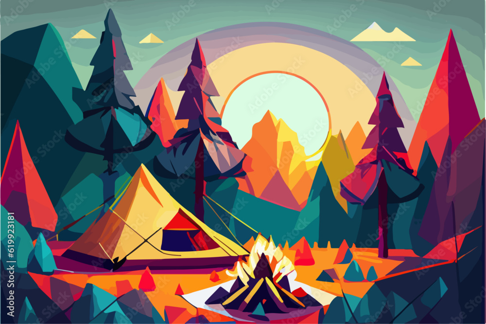 Campfire in the forest in the night. Vector illustration of fire in the nature. Traveling illustration. Holiday camp, cartoon style landscape. Mountain vacation. Bonfire in the wood for picnic. Campfire in the forest in the night. Vector illustration of fire in the nature. Traveling illustration. Holiday camp, cartoon style landscape. Mountain vacation. Bonfire in the wood for picnic.