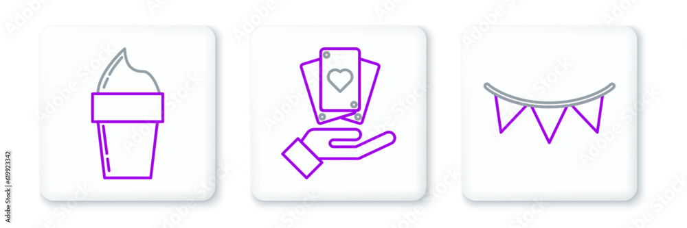 Set line Carnival garland with flags, Ice cream in waffle cone and Hand holding playing cards icon. Vector Set line Carnival garland with flags, Ice cream in waffle cone and Hand holding playing cards icon. Vector