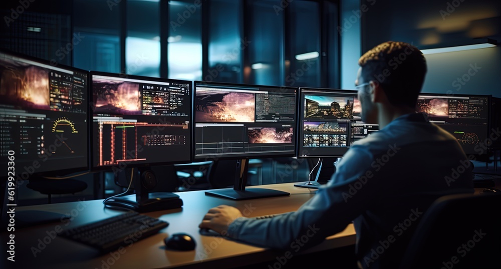 cyber security center or cctv room with staff monitoring on screen, Generative Ai