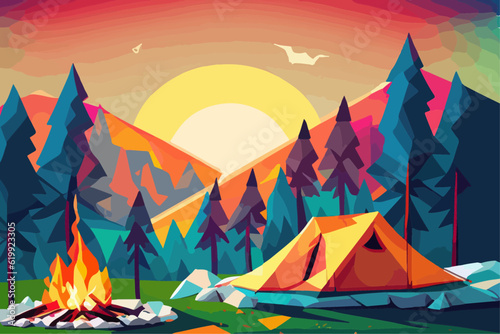 Campfire in the forest in the night. Vector illustration of fire in the nature. Traveling illustration. Holiday camp  cartoon style landscape. Mountain vacation. Bonfire in the wood for picnic.