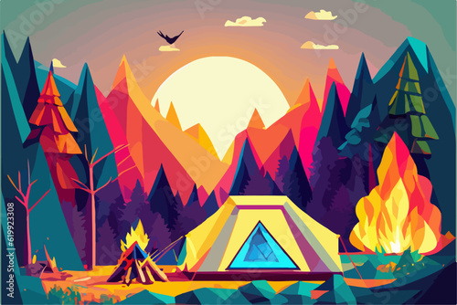 Campfire in the forest in the night. Vector illustration of fire in the nature. Traveling illustration. Holiday camp, cartoon style landscape. Mountain vacation. Bonfire in the wood for picnic.