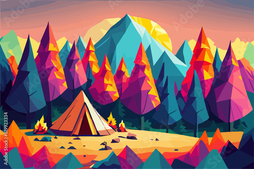 Campfire in the forest in the night. Vector illustration of fire in the nature. Traveling illustration. Holiday camp, cartoon style landscape. Mountain vacation. Bonfire in the wood for picnic.
