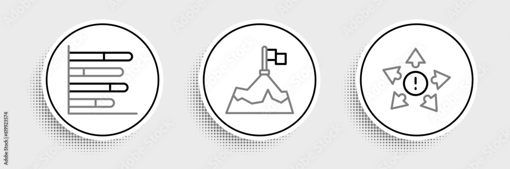 Set line Many ways directional arrow, Pie chart infographic and Mountains with flag icon. Vector Set line Many ways directional arrow, Pie chart infographic and Mountains with flag icon. Vector