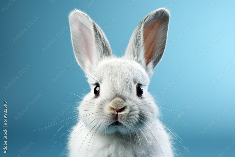Close-up image of a white rabbit ear on a pastel blue background, symbolizing Easter and the playful nature of the holiday. Generative Ai. Close-up image of a white rabbit ear on a pastel blue background, symbolizing Easter and the playful nature of the holiday. Generative Ai.