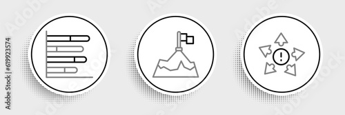 Set line Many ways directional arrow, Pie chart infographic and Mountains with flag icon. Vector