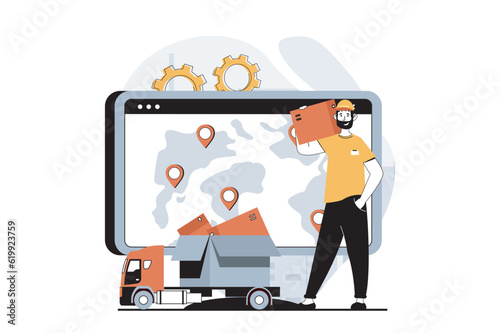 Delivery service concept with people scene in flat design for web. Global logistics, postal services and transportation around world. Vector illustration for social media banner, marketing material.