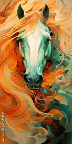 A painting of a white horse with orange hair. Generative AI.