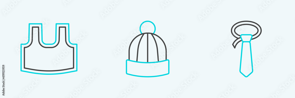 Set line Tie, Undershirt and Winter hat icon. Vector Set line Tie, Undershirt and Winter hat icon. Vector
