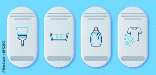 Set line Temperature wash, Bottle for cleaning agent, Rubber cleaner windows and Drying clothes icon. Vector