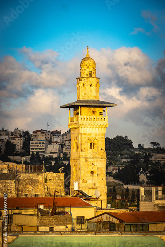 view from austrian hospice over old city of jerusalem, israel, jerusalem, old city, middle east, sunset, minaret