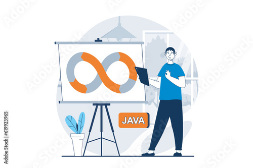 DevOps concept with people scene in flat design for web. Man working on operations processes and making presentation with optimization. Vector illustration for social media banner, marketing material.