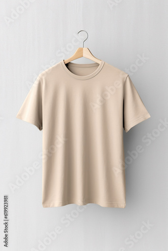 Awesome beige crewneck T-Shirt mockup on neutral background. Plain black tshirt for your design, front view. Generative AI.