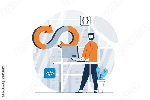 DevOps concept with people scene in flat design for web. Man working with software development and optimization workflow in company. Vector illustration for social media banner, marketing material.