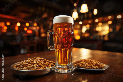 Image of a large beer on a bar counter  accompanied by peanuts  depicting a relaxing and enjoyable moment. Generative Ai.