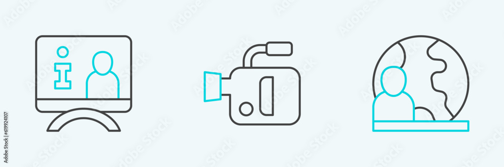 Fototapeta premium Set line World news, Television report and Cinema camera icon. Vector