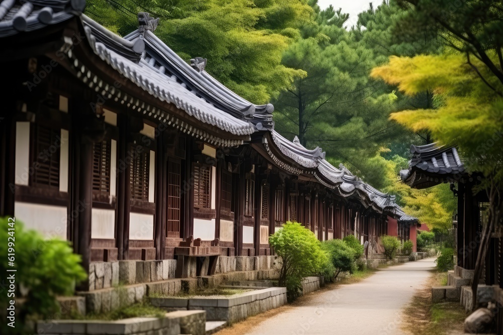 Serene Row of Traditional Korean Temple Buildings in Lush Forest Serene Row of Traditional Korean Temple Buildings in Lush Forest
