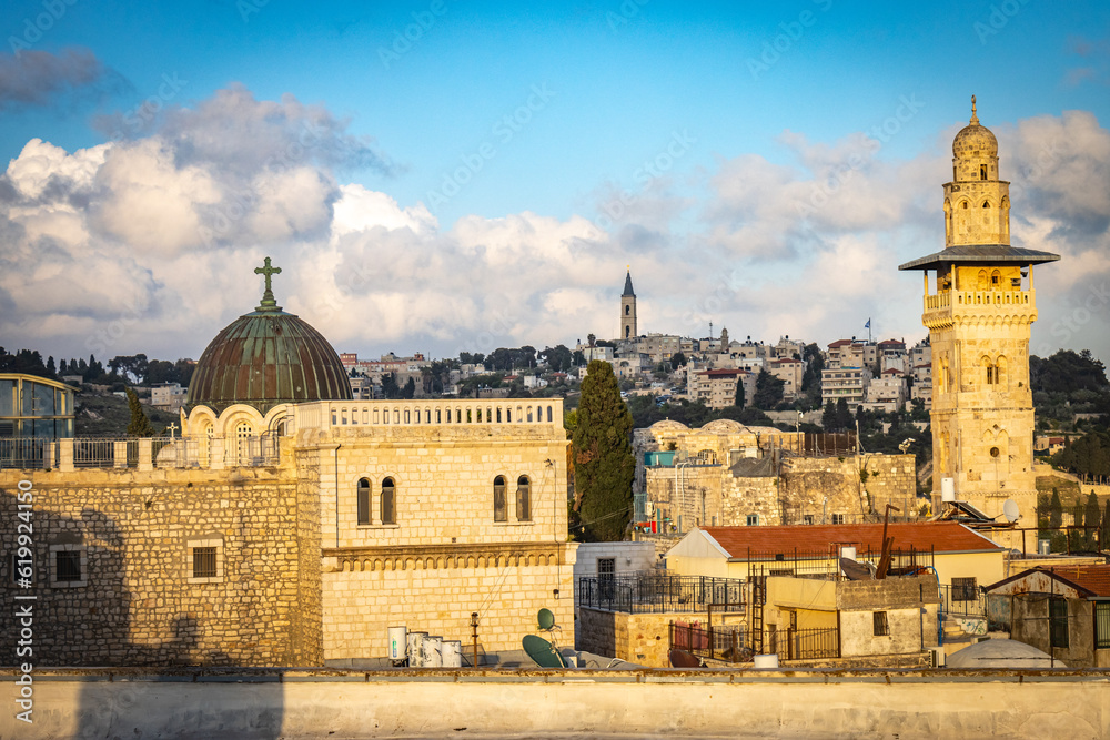 view from austrian hospice over old city of jerusalem, israel, jerusalem, old city, middle east, sunset, 