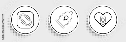 Set line Heart with female, Sanitary napkin and Condom icon. Vector