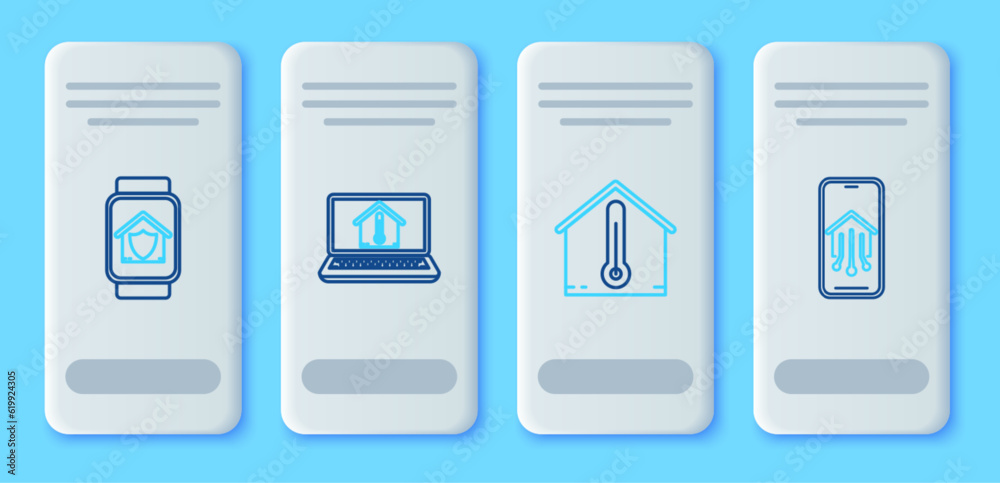 Set line Laptop with house temperature, House, Smart watch under protection and Mobile phone smart home icon. Vector Set line Laptop with house temperature, House, Smart watch under protection and Mobile phone smart home icon. Vector